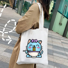 Japanese Lucky Cat Eating Ramen Canvas Shoulder Handbag