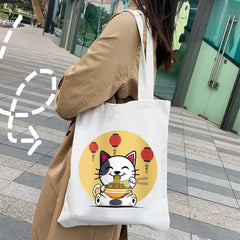 Japanese Lucky Cat Eating Ramen Canvas Shoulder Handbag