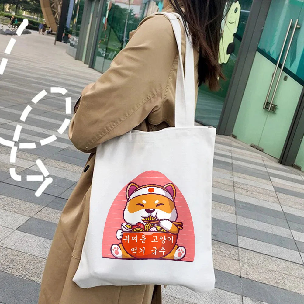 Japanese Lucky Cat Eating Ramen Canvas Shoulder Handbag