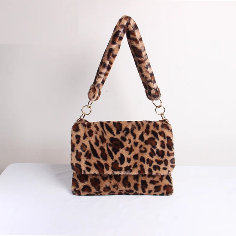 Leopard Print Fur Bag Crossbody Winter Shoulder Bag