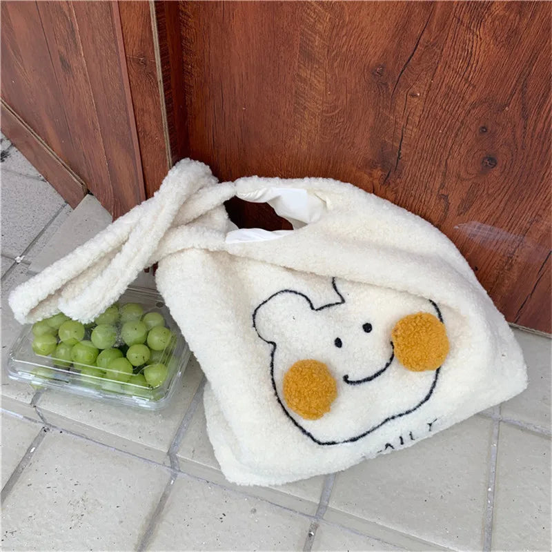 Fur Ball Blush Bear Women Shoulder Bags Winter Student Girls Soft Plush Vest Bag