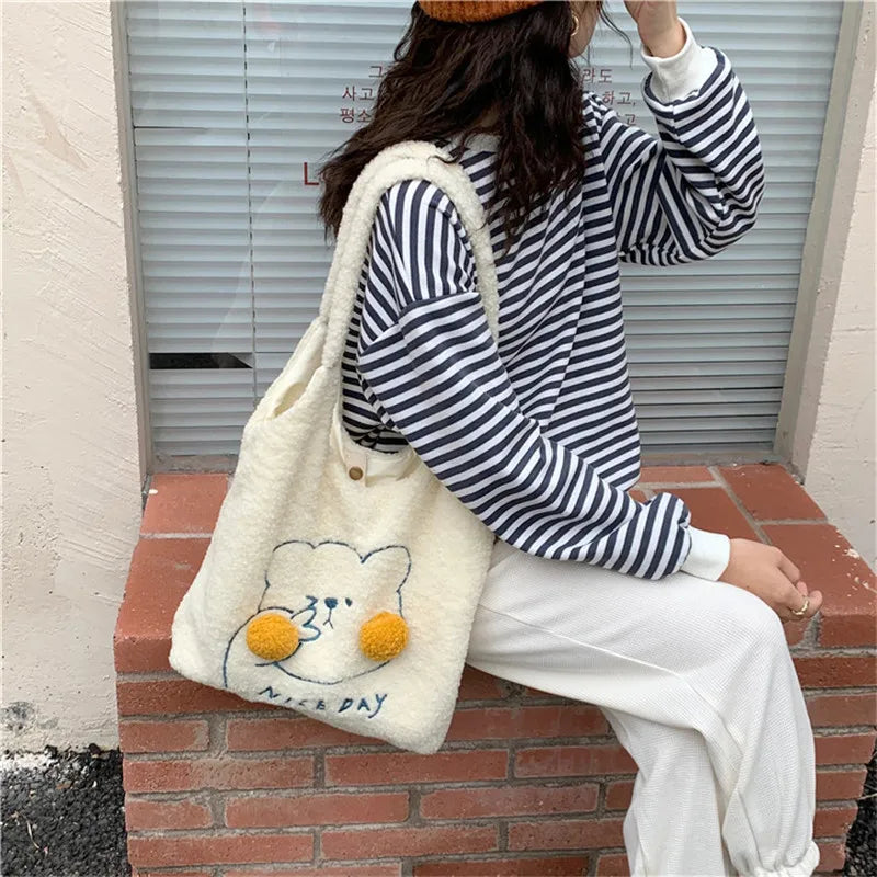 Fur Ball Blush Bear Women Shoulder Bags Winter Student Girls Soft Plush Vest Bag
