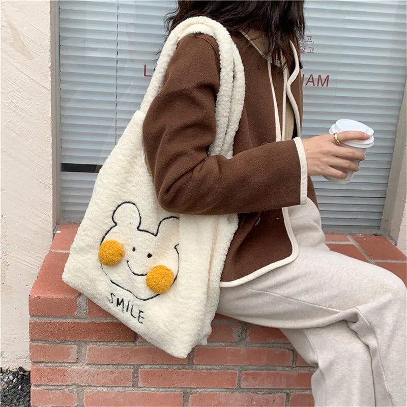 Fur Ball Blush Bear Women Shoulder Bags Winter Student Girls Soft Plush Vest Bag