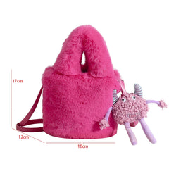 Mini Small Bucket Bag for Women Plush Hand Crossbody Furry Clutch Phone Purse