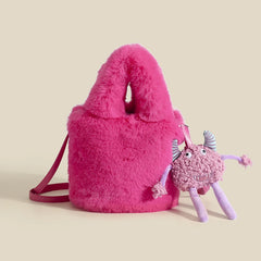 Mini Small Bucket Bag for Women Plush Hand Crossbody Furry Clutch Phone Purse