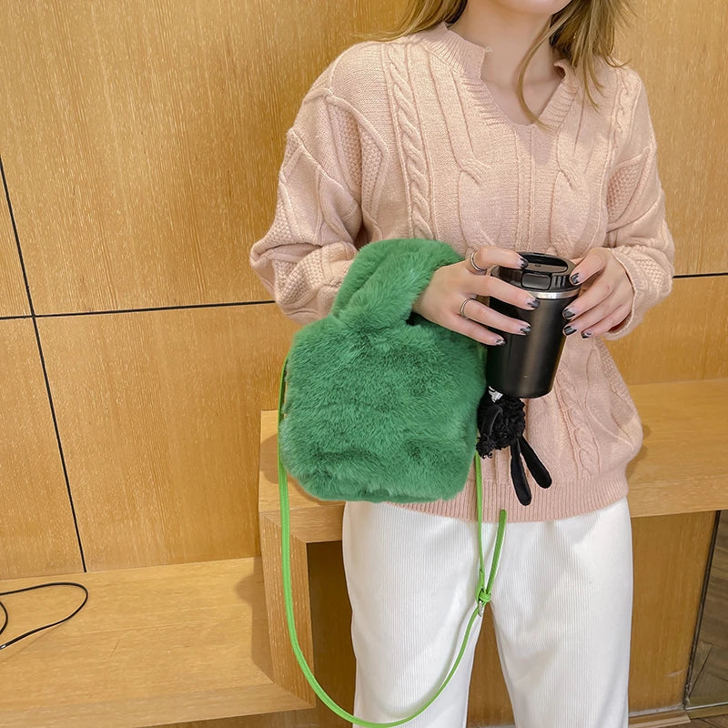 Mini Small Bucket Bag for Women Plush Hand Crossbody Furry Clutch Phone Purse