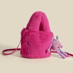 Mini Small Bucket Bag for Women Plush Hand Crossbody Furry Clutch Phone Purse