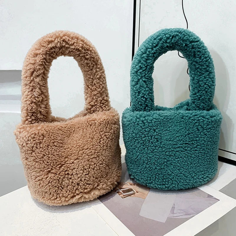 Faux Fur Small Bucket Handle Clutch Bag Lambswool Purses
