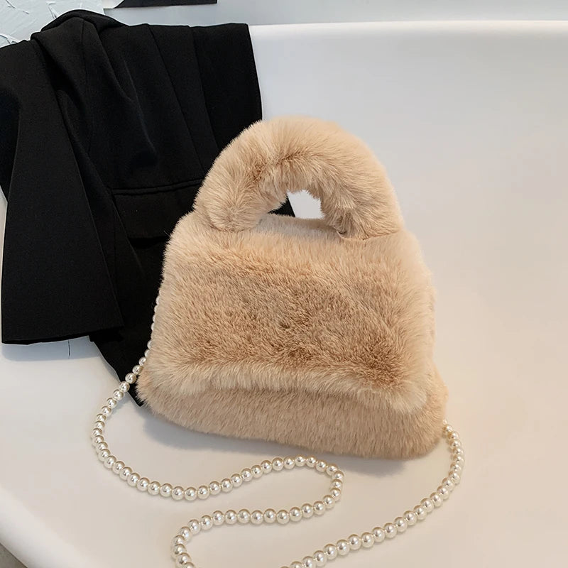 Furry Plush Women Wristlet Top Handle Evening Wallet Beaded Pearly Shoulder Cros