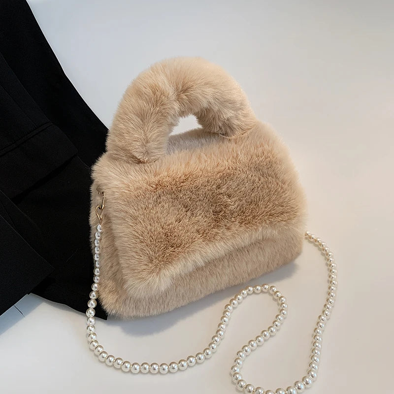 Furry Plush Women Wristlet Top Handle Evening Wallet Beaded Pearly Shoulder Cros