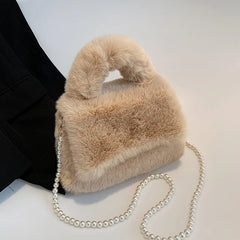 Furry Plush Women Wristlet Top Handle Evening Wallet Beaded Pearly Shoulder Cros
