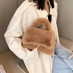 Furry Plush Women Wristlet Top Handle Evening Wallet Beaded Pearly Shoulder Cros