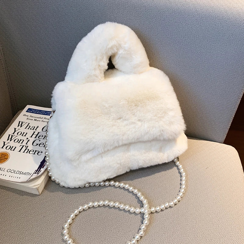 Furry Plush Women Wristlet Top Handle Evening Wallet Beaded Pearly Shoulder Cros