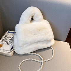 Furry Plush Women Wristlet Top Handle Evening Wallet Beaded Pearly Shoulder Cros