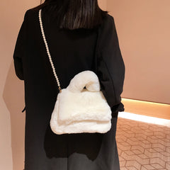 Furry Plush Women Wristlet Top Handle Evening Wallet Beaded Pearly Shoulder Cros