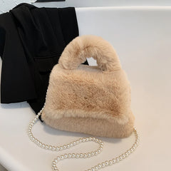 Furry Plush Women Wristlet Top Handle Evening Wallet Beaded Pearly Shoulder Cros