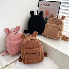 Fuzzy Rabbit Backpack Fluffy Plush School Bag With Bunny Ears Zipper-Open