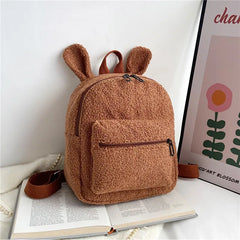 Fuzzy Rabbit Backpack Fluffy Plush School Bag With Bunny Ears Zipper-Open