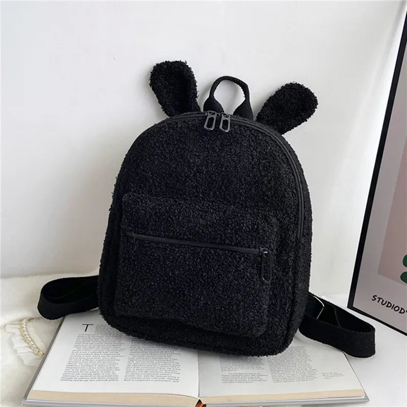 Fuzzy Rabbit Backpack Fluffy Plush School Bag With Bunny Ears Zipper-Open