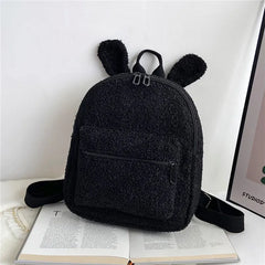 Fuzzy Rabbit Backpack Fluffy Plush School Bag With Bunny Ears Zipper-Open