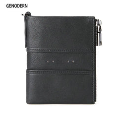 RFID Blocking Leather Double Zipper Wallet for Men Short Male Purse