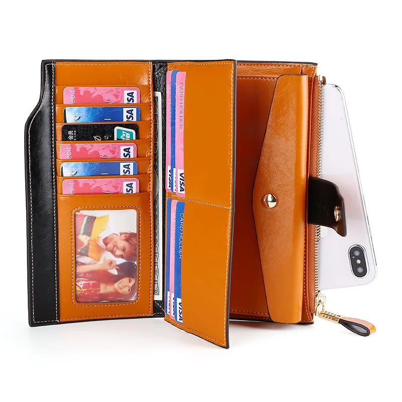 Anti-Theft RFID Leather Long Women Wallet Oilwax Clutch Purse