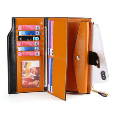 Anti-Theft RFID Leather Long Women Wallet Oilwax Clutch Purse