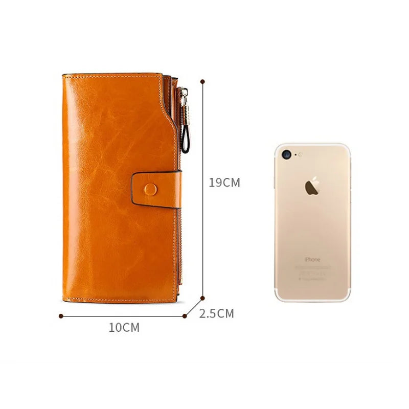 Anti-Theft RFID Leather Long Women Wallet Oilwax Clutch Purse