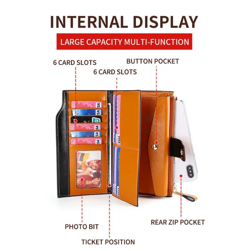Anti-Theft RFID Leather Long Women Wallet Oilwax Clutch Purse