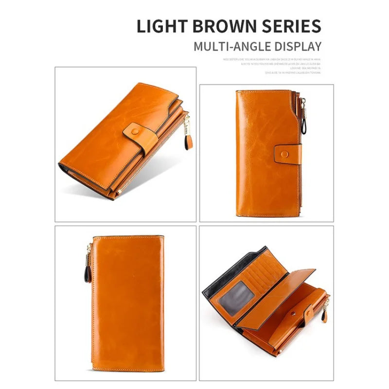 Anti-Theft RFID Leather Long Women Wallet Oilwax Clutch Purse