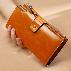 Anti-Theft RFID Leather Long Women Wallet Oilwax Clutch Purse