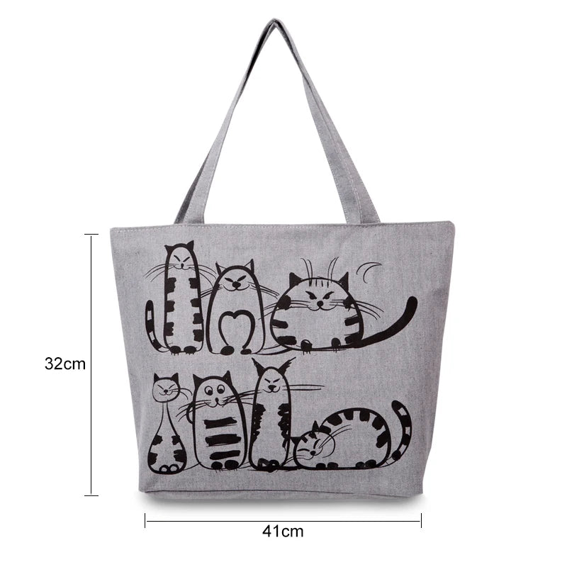 Women's Cat Print Large Tote Shoulder Bag Purse Canvas Bolsa Feminina