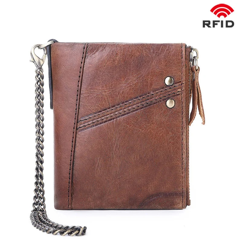 Anti-theft RFID Leather Men's Wallet with Double Zipper