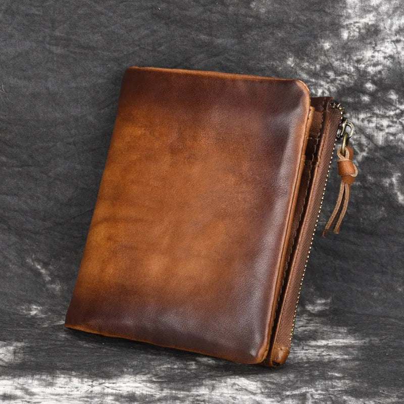 Cowhide Double Zipper Men's Purse Leather Wallet for Men