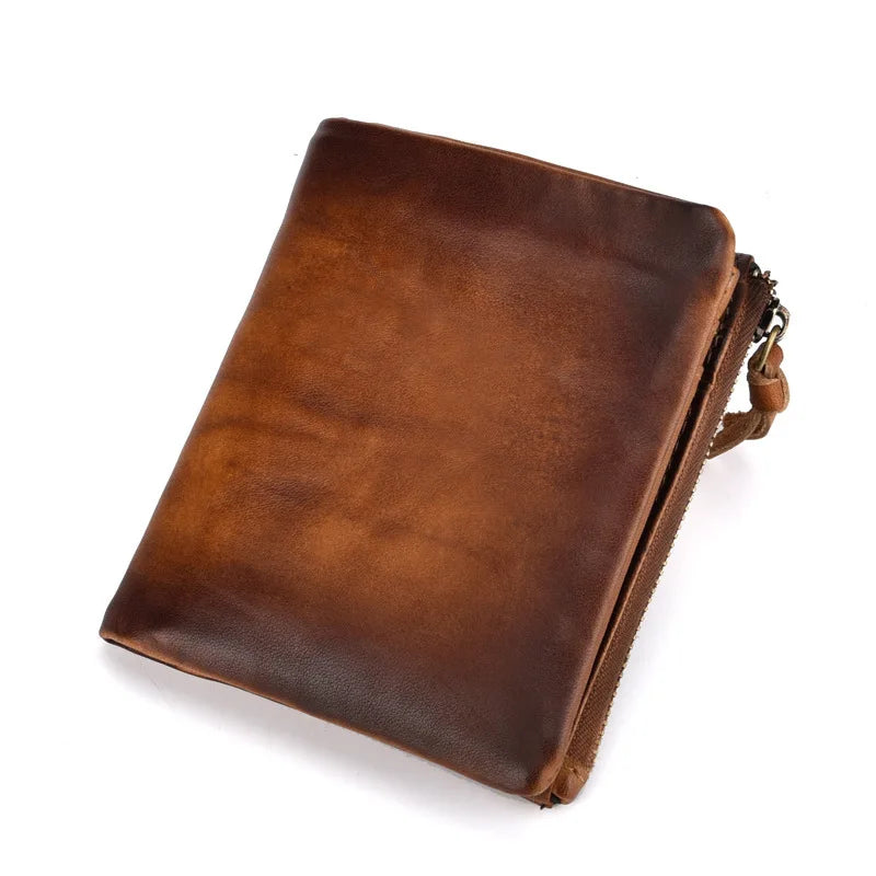 Cowhide Double Zipper Men's Purse Leather Wallet for Men