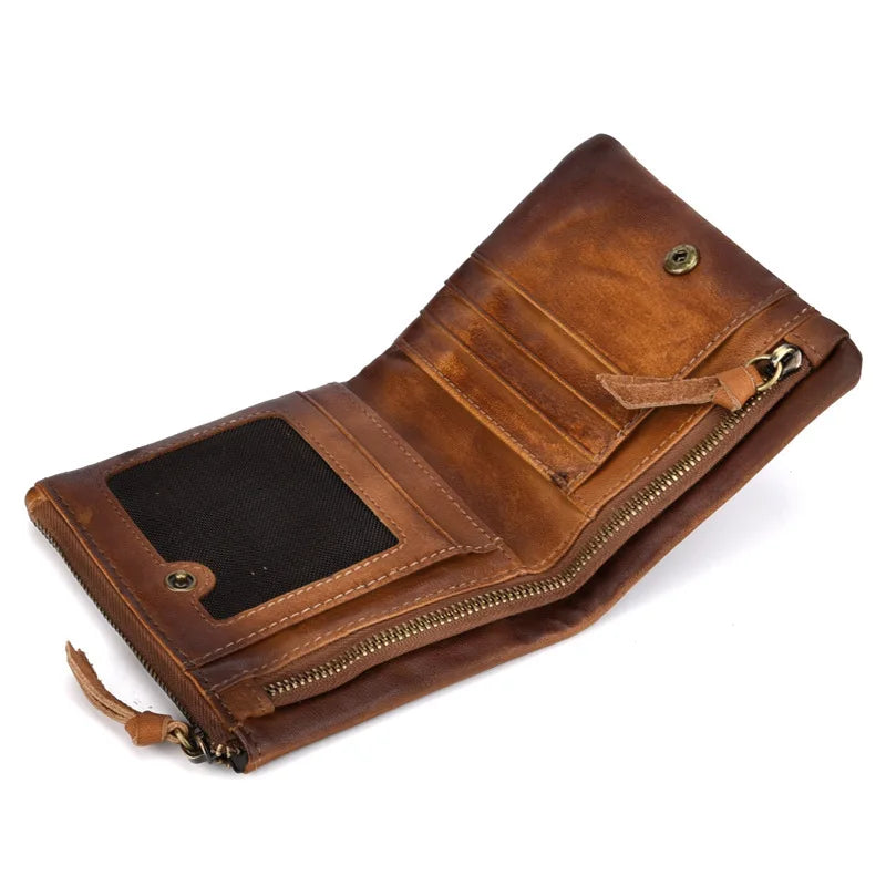 Cowhide Double Zipper Men's Purse Leather Wallet for Men