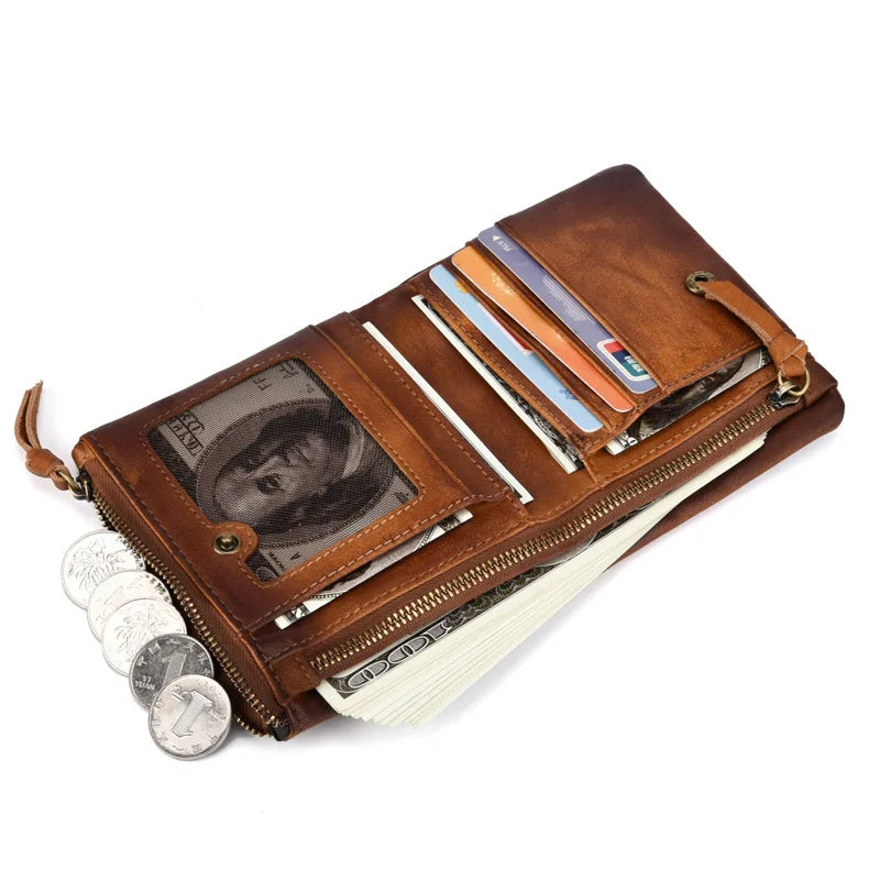 Cowhide Double Zipper Men's Purse Leather Wallet for Men
