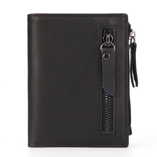 Men's Short Wallet Multi-Functional Zipper Bag Oil Wax Cowhide Wallet