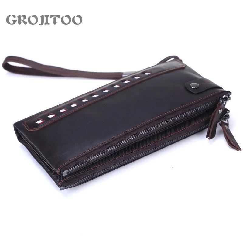 Men's Cowhide Handbag Double Zipper Long Wallet Soft Leather Business Purse