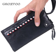 Men's Cowhide Handbag Double Zipper Long Wallet Soft Leather Business Purse