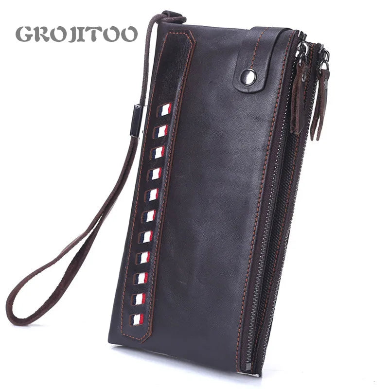 Men's Cowhide Handbag Double Zipper Long Wallet Soft Leather Business Purse
