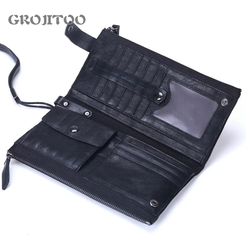Men's Cowhide Handbag Double Zipper Long Wallet Soft Leather Business Purse