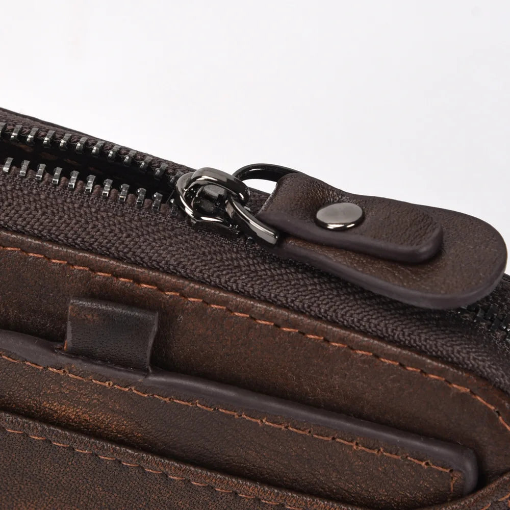Men's Short Wallet Genuine Leather Money Clip Retro Vertical Zipper Casual