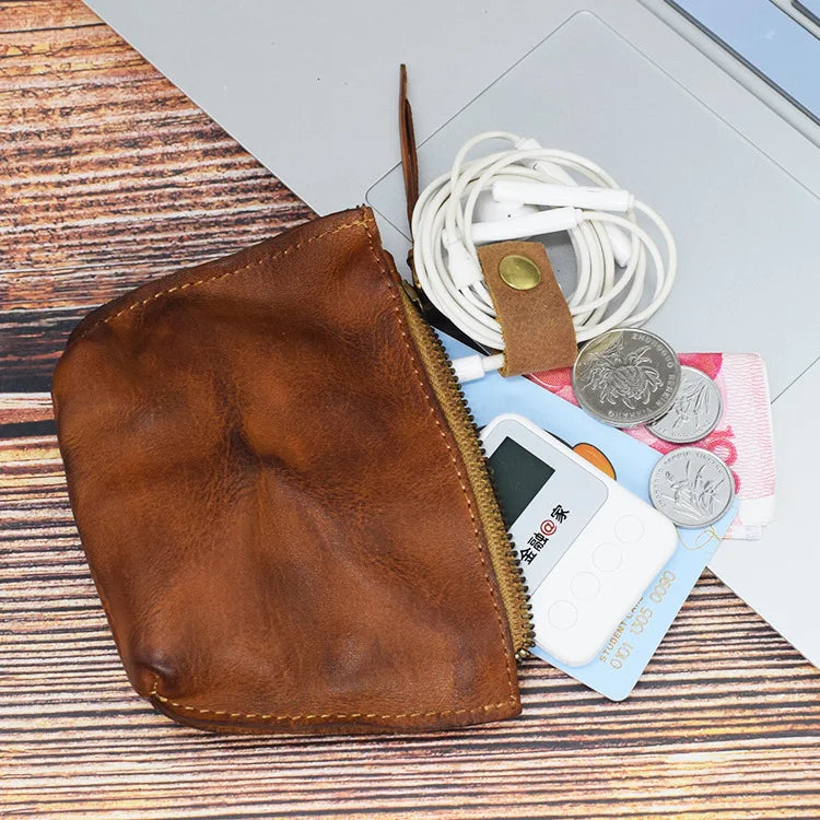 Veg-Tanned Leather Wallet Men's Short High-Quality Cowhide Zipper Wallet