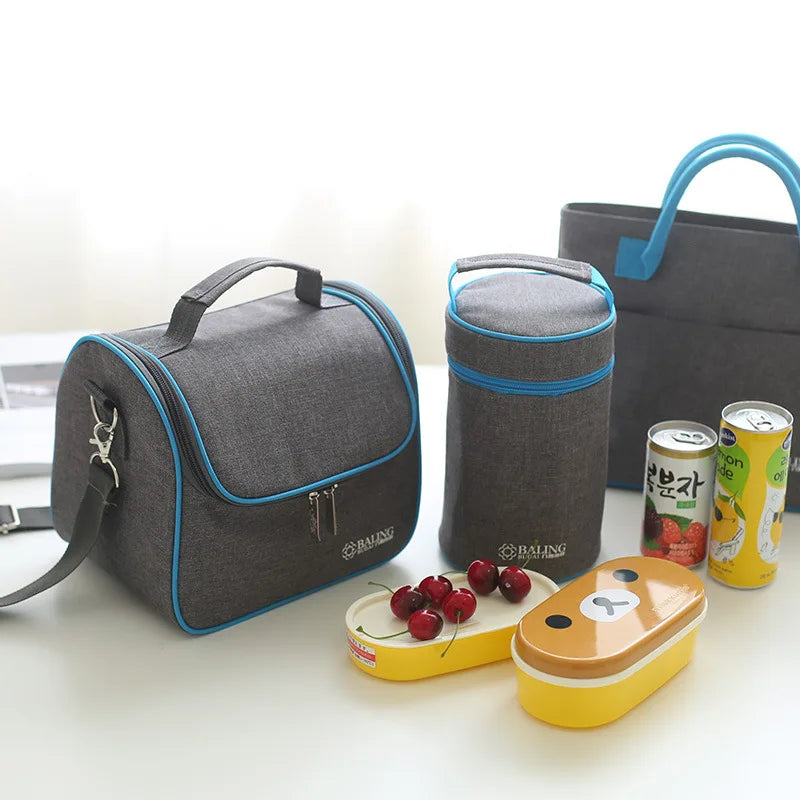 Gray-blue Minimalist Thermo Food Insulated Bag Travel Picnic Thermal Lunch Box