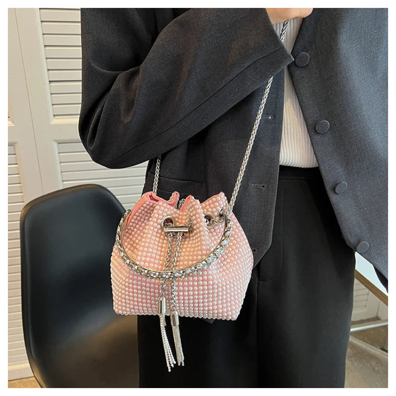 Rhinestone Bucket Bag for Women Diamonds Shoulder Purse Lady Crossbody