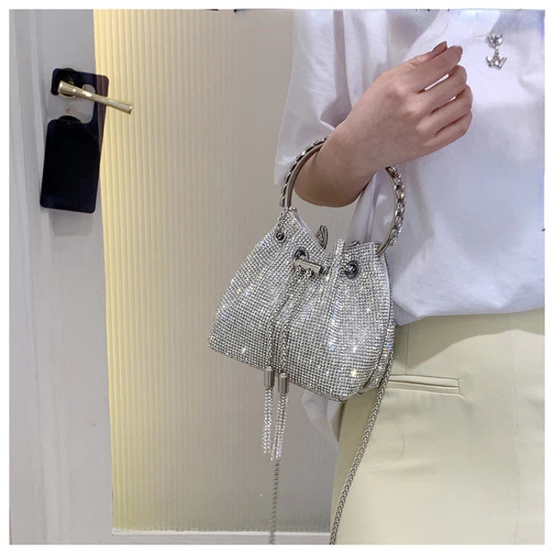 Rhinestone Bucket Bag for Women Diamonds Shoulder Purse Lady Crossbody