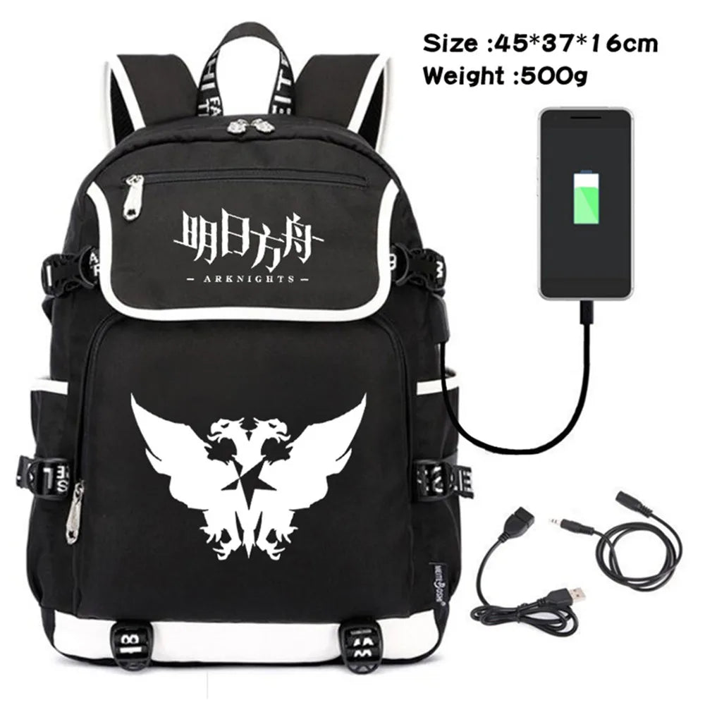 Arknights Canvas Backpack USB Charging Shoulders Teenagers Zipper Travel Laptop