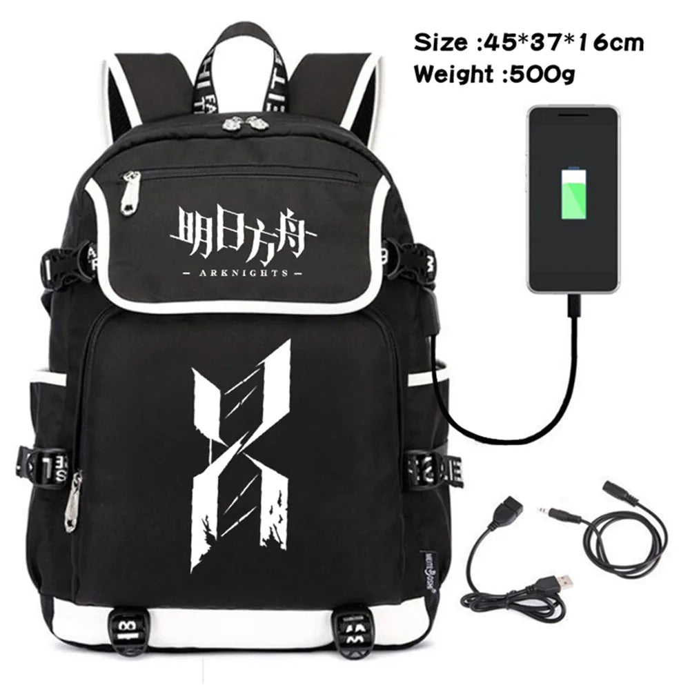 Arknights Canvas Backpack USB Charging Travel Laptop Bag