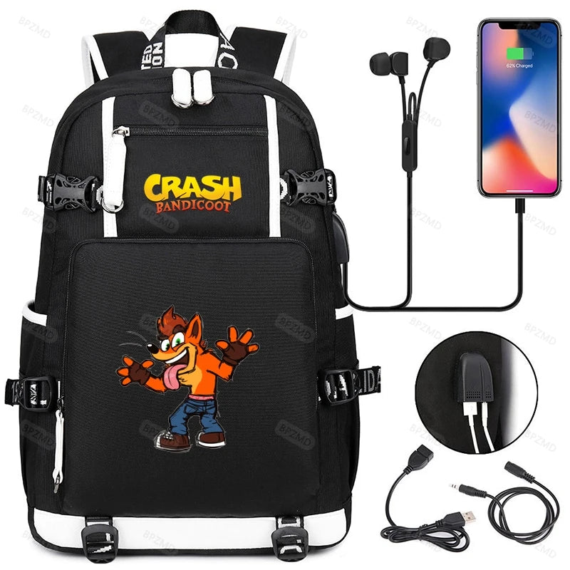 Crash Bandicoot Backpack for School Teens, Charging Port, Laptop Travel Bag